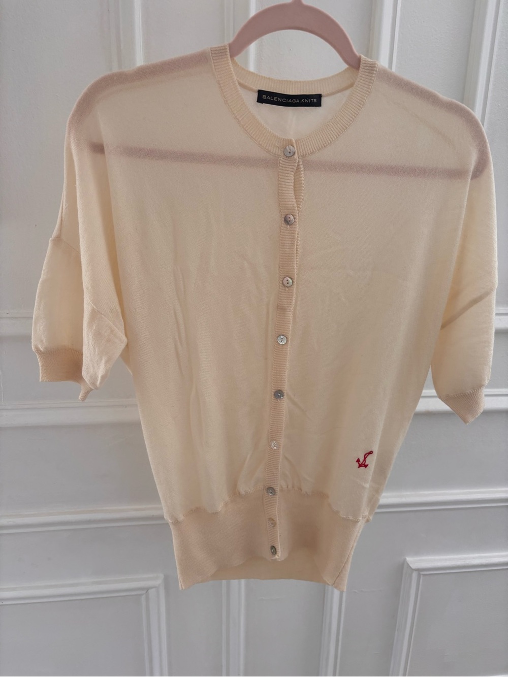 Vintage Balenciaga Cardigan Ivory Anchor-Embroidered Wool Sweater Size 40